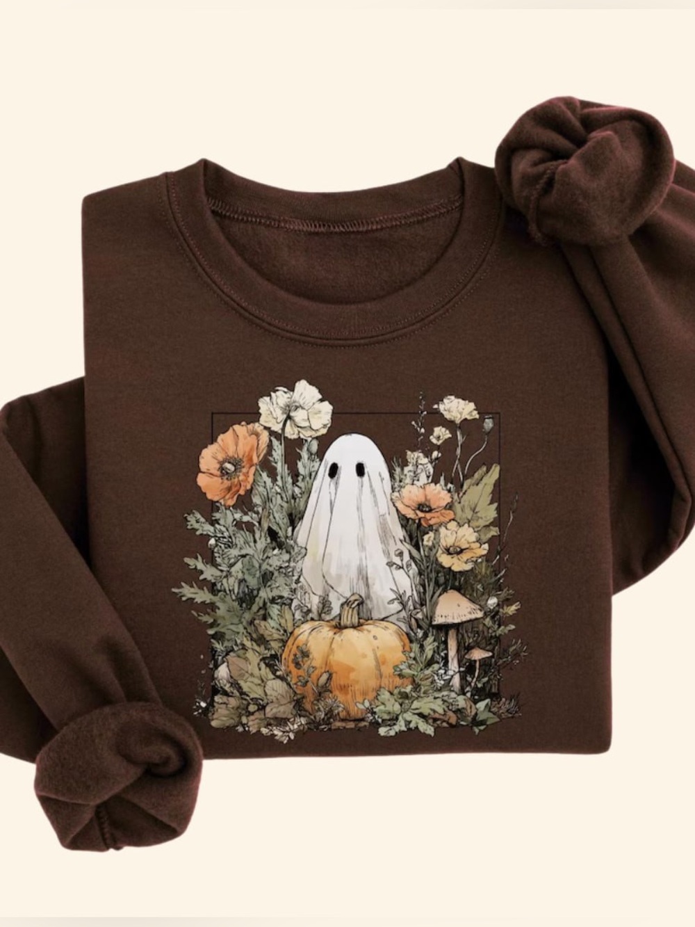 Cozy Ghost & Pumpkin Floral Graphic Sweatshirt - Brown with Autumn Design